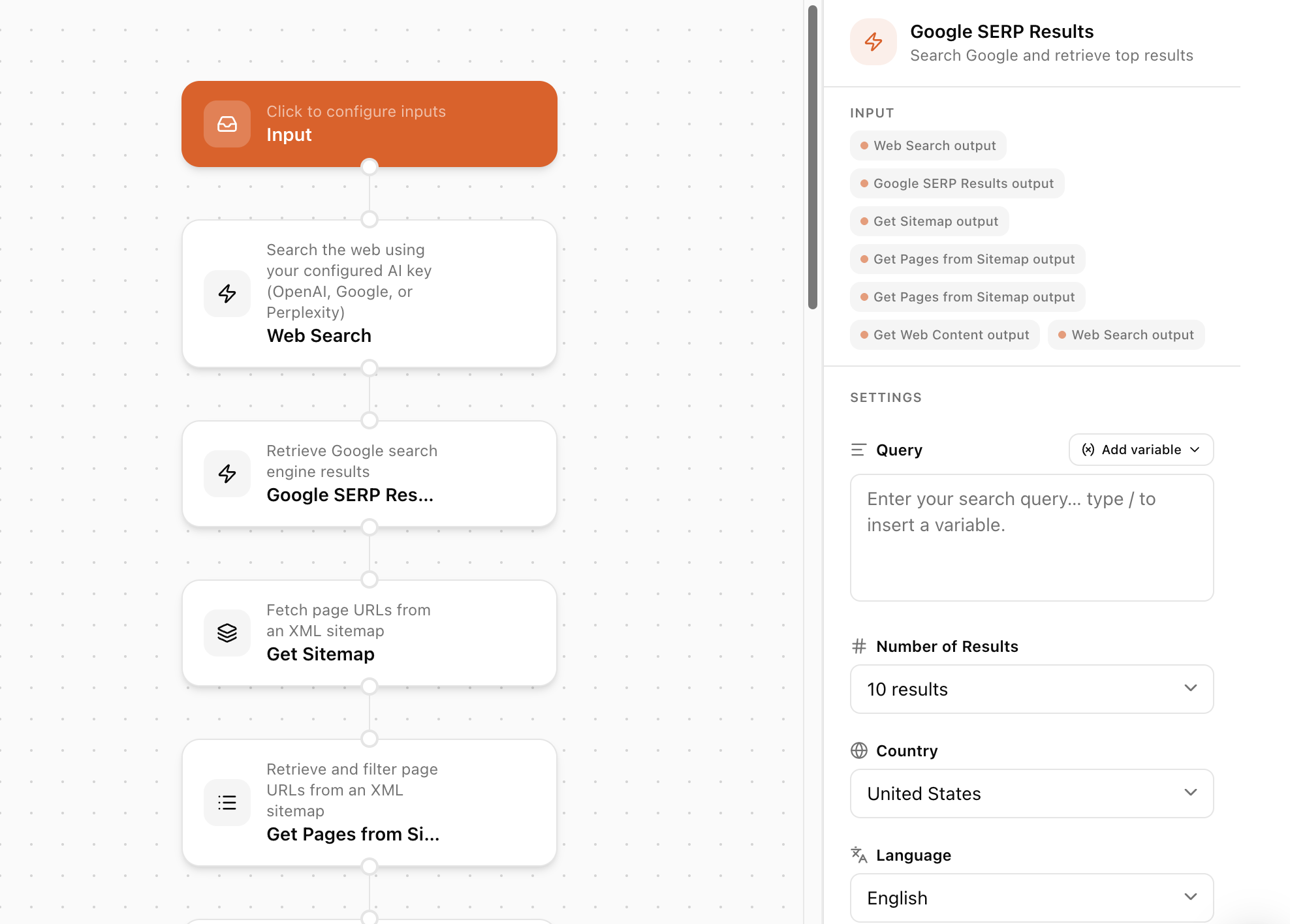 Lantern SEO agent workflow researching search results and website pages