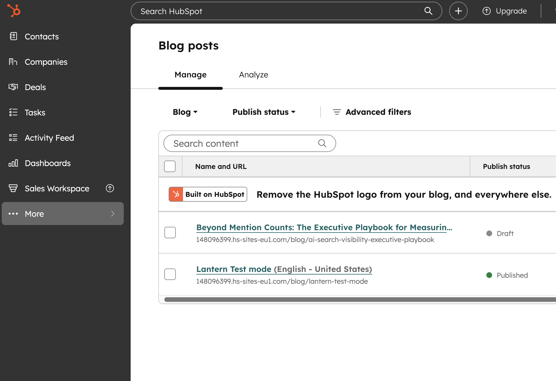 Lantern content agent publishing a finished article in HubSpot